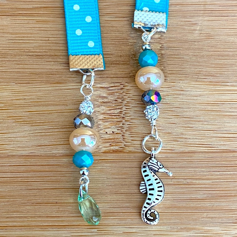 Jeweled Poka-dot Ribbon Bookmark with Seahorse Charm